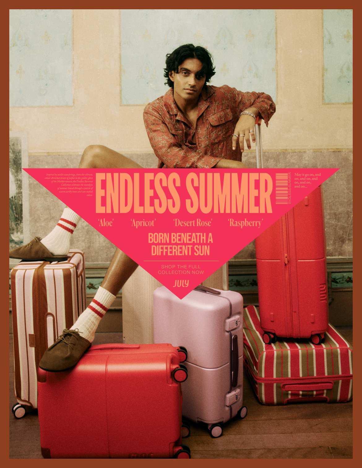 Endless Summer - born beneath a different sun. New luggage colours: Aloe, Apricot, Champagne, Desert Rose, Raspberry and Silver Ice. Shop the full collection now.
