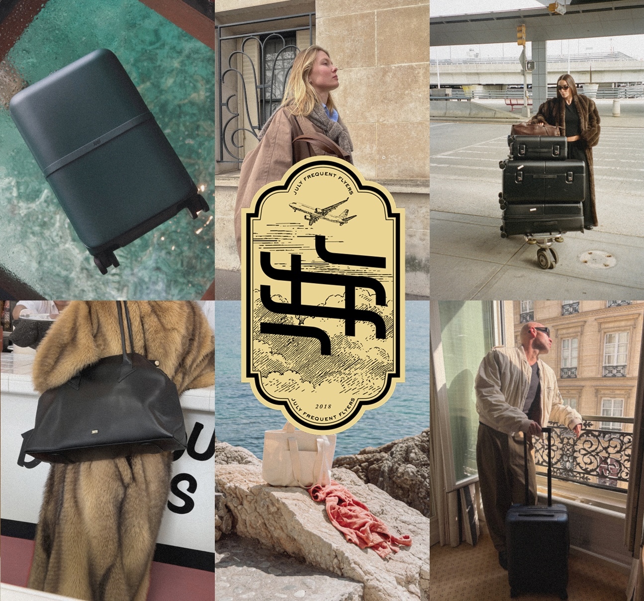 July luggage and bags on the road, around the July Frequent Flyers crest