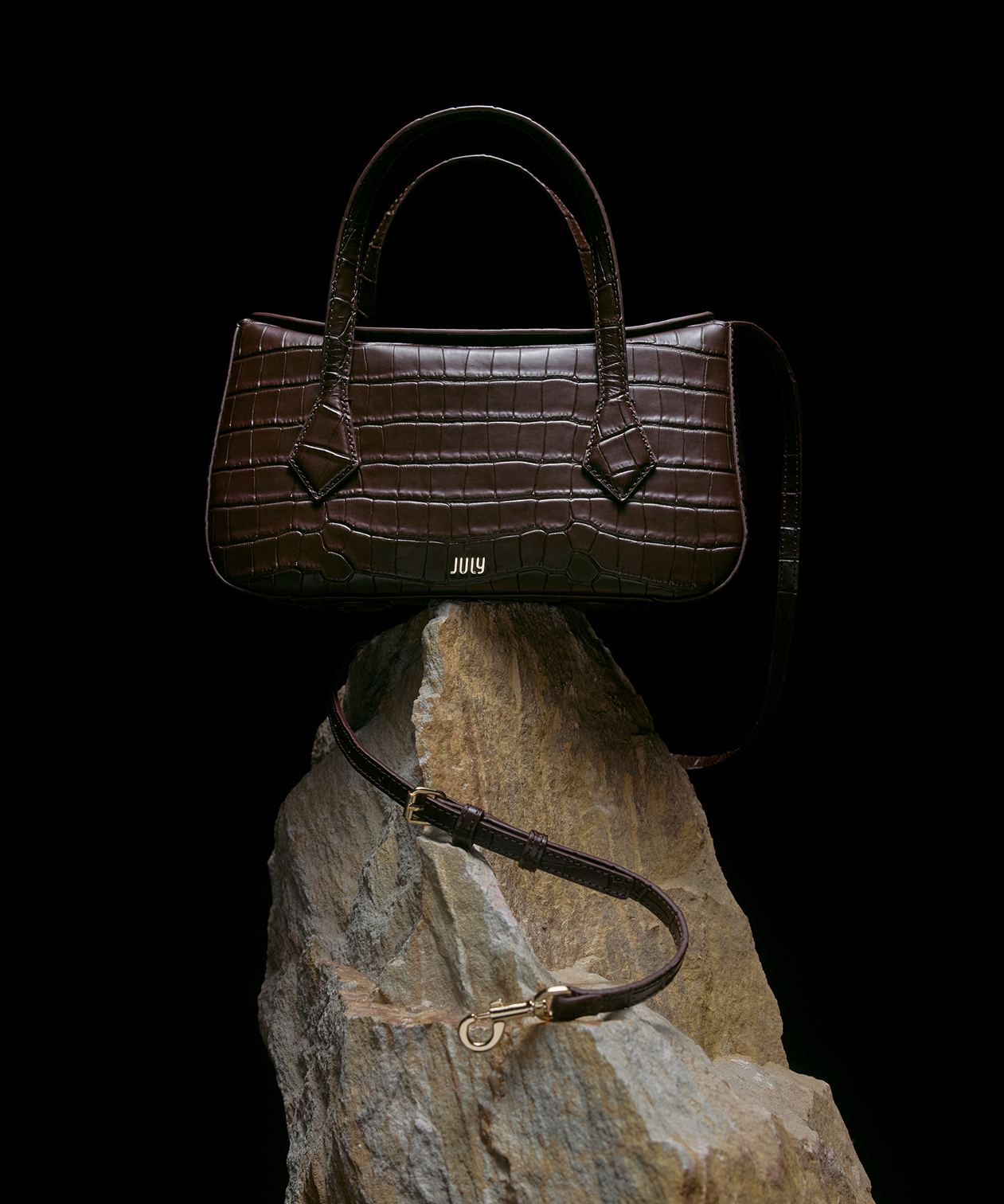 July Wayfarer Book Tote in brown croc on a rock