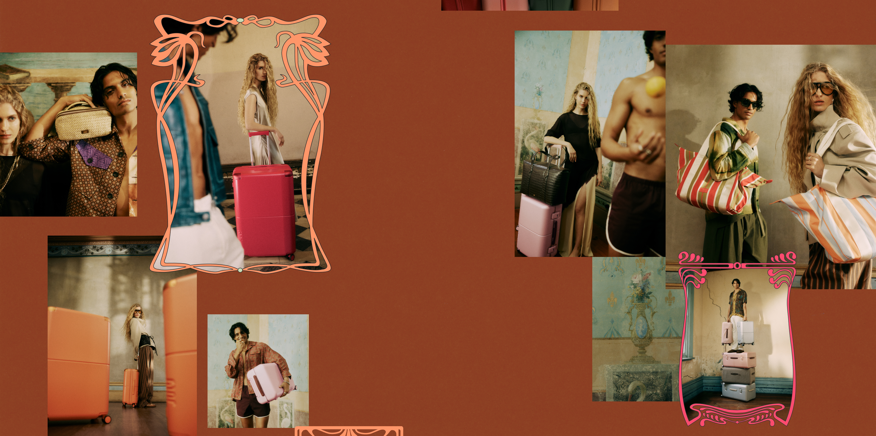 July Endless Summer campaign — models with luggage, totes and scarves in a sunlit villa