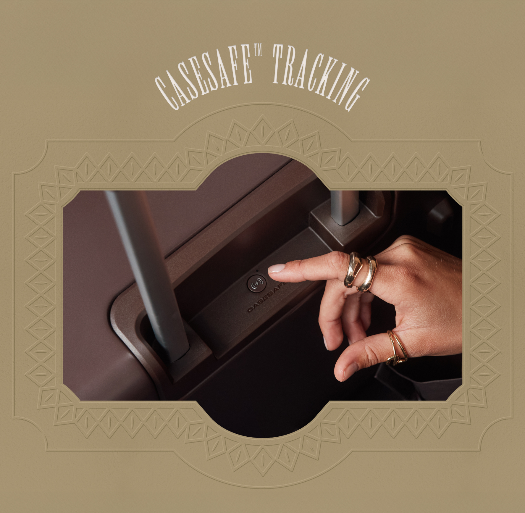 CaseSafe™ Tracking: a finger pressing the CaseSafe button on a July Trunk